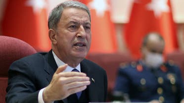 Turkish National Defence Minister Hulusi Akar gives a press conference at the ministry in Ankara on January 13, 2021.