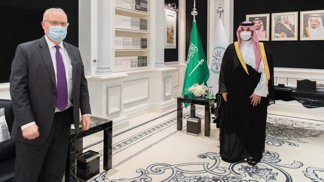 Saudi Arabia’s Deputy Minister of Defense Prince Khalid bin Salman meets with the UN Special Envoy for Yemen and US Special Envoy for Yemen Tim Lenderking in Riyadh. (SPA)