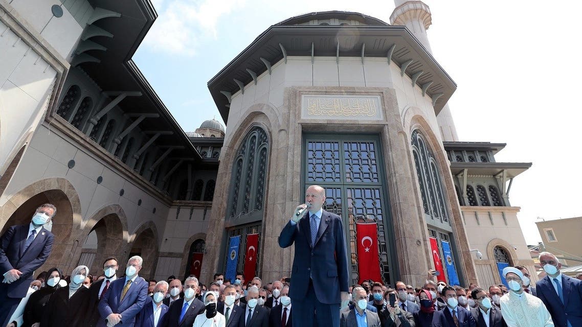 Turkish President Tayyip Erdogan speaks during the inauguration of Taksim Mosque in central Istanbul, Turkey, on May 28, 2021. (Reuters)