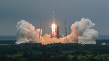  In this photo released by China's Xinhua News Agency, a Long March 5B rocket carrying a module for a Chinese space station lifts off from the Wenchang Spacecraft Launch Site in Wenchang in southern China's Hainan Province, Thursday, April 29, 2021. (AP)