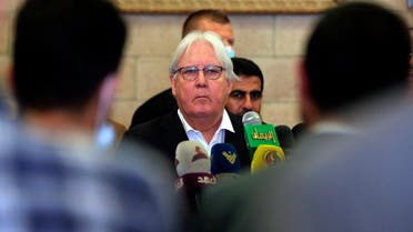Former UN special envoy to Yemen, Martin Griffiths, speaks during a news conference at Sanaa Airport, Yemen May 31, 2021. (Reuters)
