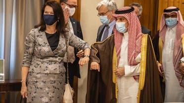 وزير الخارجية السعودي الأمير فيصل بن فرحان بن عبدالله، اليوم الاثنين في مكتبه بمقر الوزارة في الرياض، وزيرة خارجية السويد آن ليندي