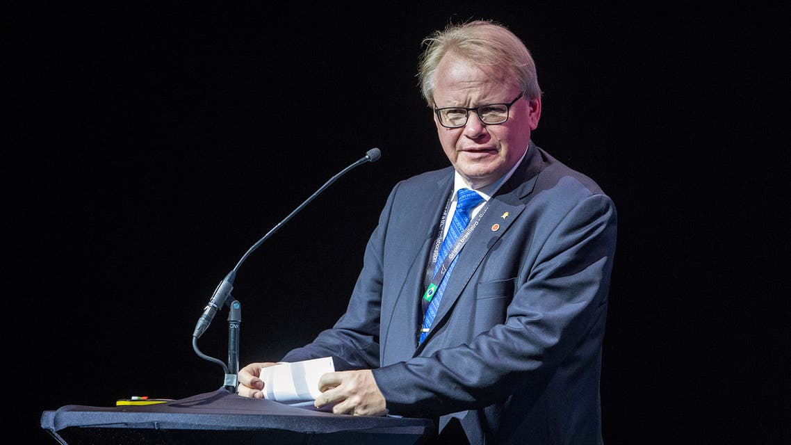 Sweden's Defence Minister Peter Hultqvist gives a speech during a ceremony of handing the first Saab Gripen E fighter over to Brazil, in Linkoping, Sweden, September 10, 2019. Stefan Jerrevang/TT News Agency via REUTERS ATTENTION EDITORS - THIS IMAGE WAS PROVIDED BY A THIRD PARTY. SWEDEN OUT. NO COMMERCIAL OR EDITORIAL SALES IN SWEDEN.