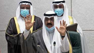 Kuwait's newly appointed crown prince Sheikh Meshal al-Ahmad Al-Jaber al-Sabah gestures before he is sworn in, at the parliament, in Kuwait City, Kuwait October 8, 2020.  (Reuters)