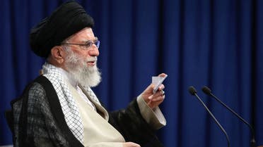 This handout picture provided by the office of Iran's Supreme Leader Ayatollah Ali Khamenei on June 4, 2021 shows him addressing the nation during a live TV speech on the occasion of the 32nd death anniversary of late supreme leader Ayatollah Ruhollah Khomeini.