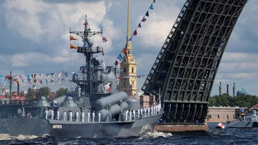 Russian Navy's missile corvette Dmitrovgrad sails past the Dvortsoviy Bridge over the Neva River in Saint Petersburg, July 26, 2020. (Reuters)