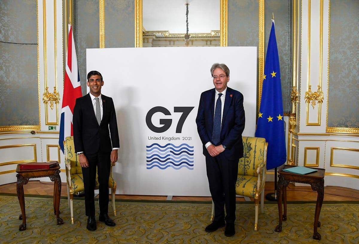 Britain’s Chancellor of the Exchequer Rishi Sunak, left, and EU’s Economy Commissioner Paolo Gentiloni pose for photos as finance ministers from across the G7 nations meet at Lancaster House in London, June 5, 2021, ahead of the G7 leaders’ summit. (AP/Alberto Pezzali, Pool)