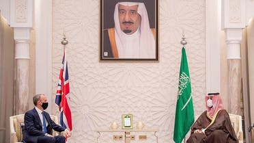 Saudi Arabia’s Crown Prince Mohammed bin Salman on Monday met with British Foreign Secretary Dominic Raab in Neom. (SPA)