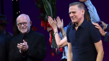 Jim Vallance, (left), and Bryan Adams participate in the “Pretty Woman: The Musical” Broadway opening night curtain call at the Nederlander Theatre, in New York. (AP)