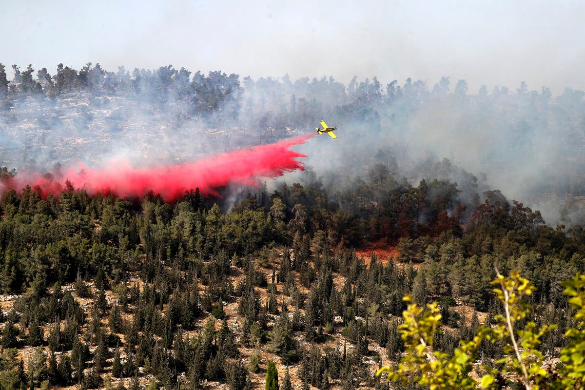 A firefighting plane works on extinguishing a fire raging in a forest area near Kibbutz Neve Ilan west of Jerusalem, on June 9, 2021. (Ahmad Gharabli/AFP)