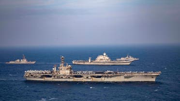 Aircraft carriers and warships participate in the second phase of Malabar naval exercise, a joint exercise comprising of India, US, Japan and Australia, in the Northern Arabian Sea on Nov. 17, 2020. (AP)