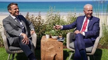President Joe Biden and France's President Emmanuel Macron attend a bilateral meeting during the G7 summit in Carbis Bay, Cornwall, Britain, June 12, 2021. (Reuters)