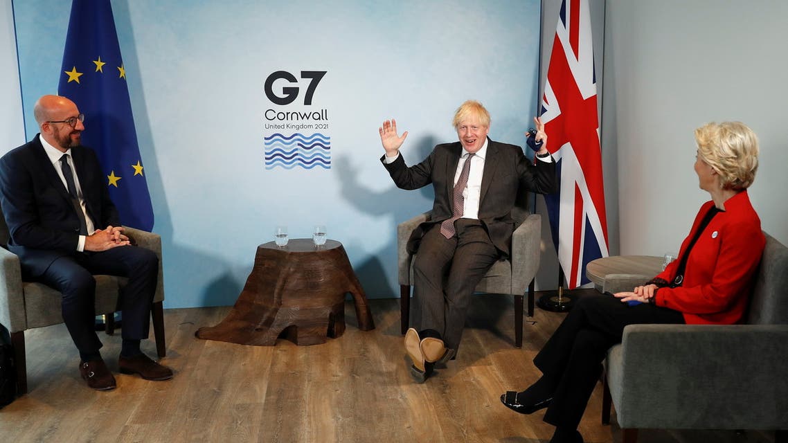 Britain's Prime Minister Boris Johnson meets with European Commission President Ursula von der Leyen and European Council President Charles Michel during the G7 summit in Carbis Bay, Cornwall, Britain, June 12, 2021. (Reuters)