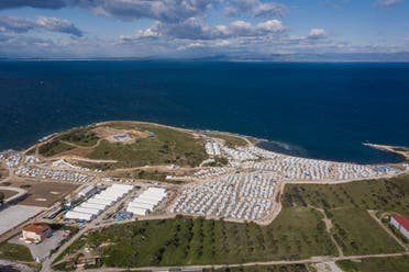 This photograph taken on March 30, 2021 shows an aerial view of the new refugee camp of Kara Tepe or Mavrovouni in Mytilene, on Lesbos. (AFP)