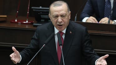 Turkish President and leader of Justice and Development (AK) ruling Party Recep Tayyip Erdogan speaks during a party group meeting at the Grand National Assembly of Turkey (GNAT), in Ankara on June 9, 2021.