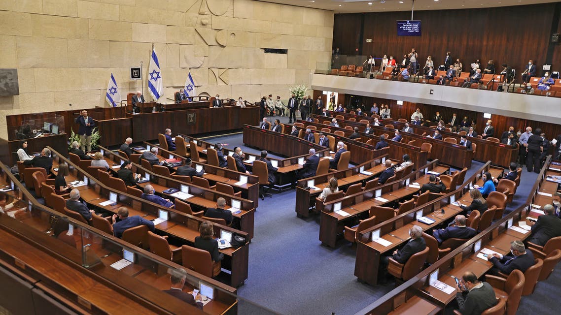 A general view shows the swearing-in ceremony of Israel's Knesset (parliament) in Jerusalem, on April 6, 2021. Israel's president nominated Prime Minister Benjamin Netanyahu to try to form a government, two weeks after the latest inconclusive election, but voiced doubt that any lawmaker could forge a parliamentary majority.