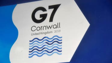 A G7 logo is seen on an information sign near the Carbis Bay hotel resort, where an in-person G7 summit of global leaders is due to take place in June, St Ives, Cornwall, southwest Britain May 24, 2021. Picture taken May 24, 2021. (Reuters)