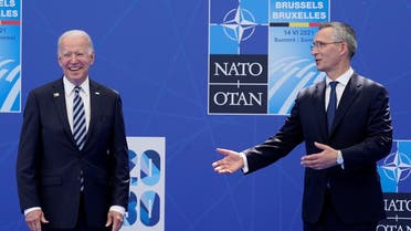 NATO Secretary General Jens Stoltenberg and US President Joe Biden pose during the NATO summit at the Alliance’s headquarters, in Brussels, Belgium, June 14, 2021. (Reuters)