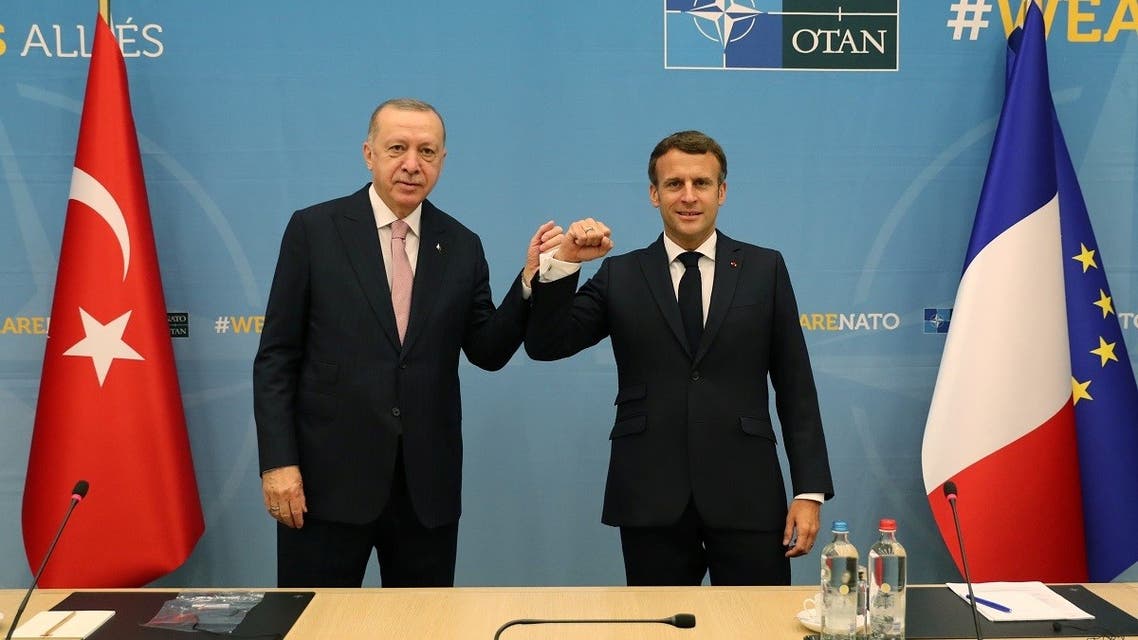 Turkish President Tayyip Erdogan meets with his French counterpart Emmanuel Macron during a bilateral meeting, on the sidelines of the NATO summit, in Brussels, Belgium June 14, 2021. (Reuters)