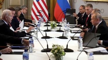 US President Joe Biden and Russia’s President Vladimir Putin meet for the US-Russia summit in Geneva, June 16, 2021. (Reuters)