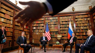 A security officer indicates to the media to step back as U.S. President Joe Biden, U.S. Secretary of State Antony Blinken, Russia's President Vladimir Putin and Russia's Foreign Minister Sergei Lavrov meet for the U.S.-Russia summit at Villa La Grange in Geneva, Switzerland, June 16, 2021. (Reuters)
