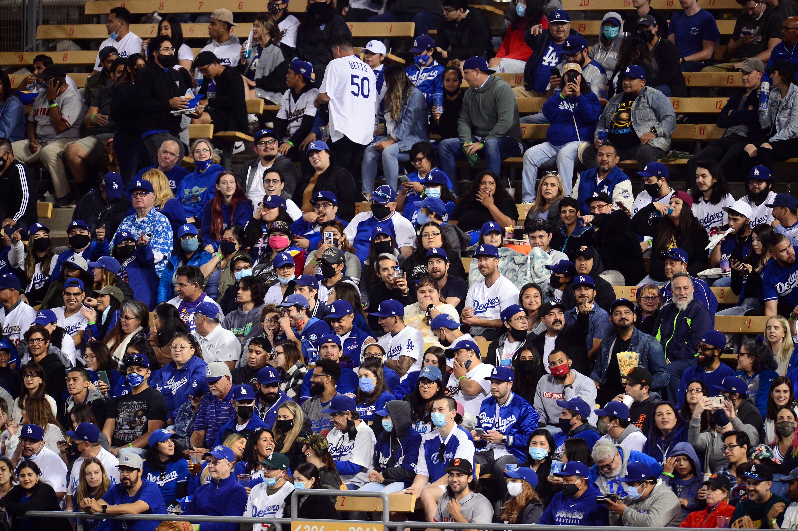 May 27, 2021; Los Angeles, California, USA; General view of seating for COVID-19 vaccinated spectators at Dodger Stadium. (Reuters/USA Today Sports)