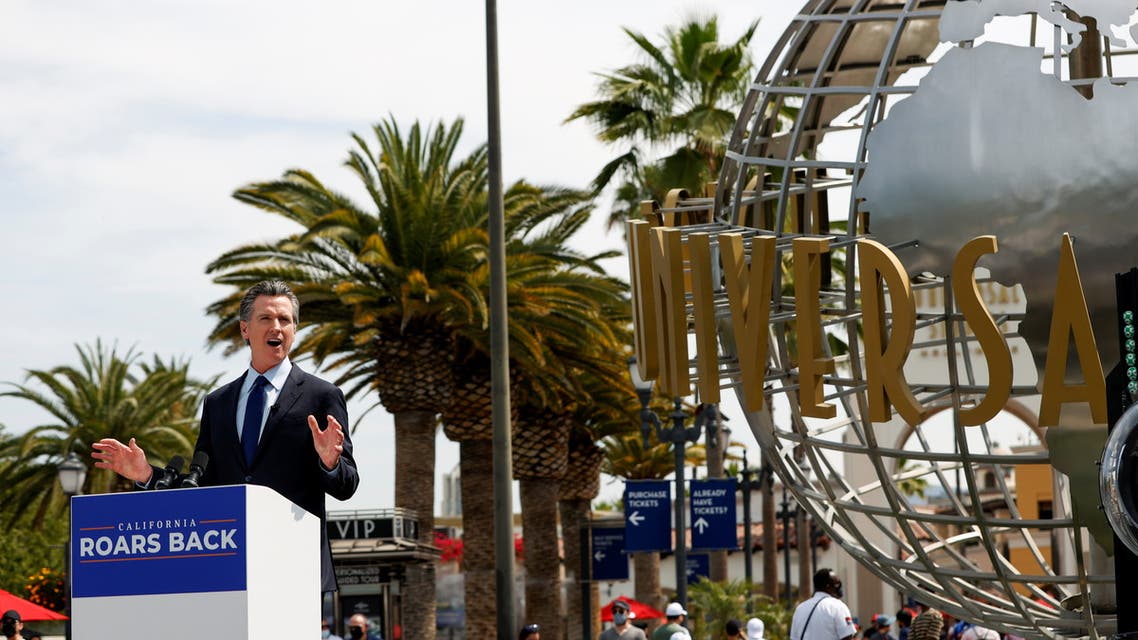 California Governor Gavin Newsom speaks at a news conference at Universal Studios Hollywood in Universal City, Los Angeles, California, US June 15, 2021. (Reuters)