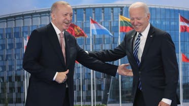 Turkish President Tayyip Erdogan meets with US President Joe Biden on the sidelines of the NATO summit in Brussels, Belgium, on June 14, 2021. (Reuters)