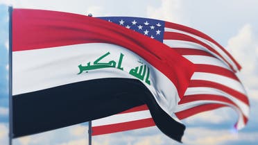 Waving American flag and flag of Iraq. Closeup view, 3D illustration. stock photo