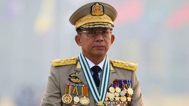Myanmar’s junta chief Senior General Min Aung Hlaing, who ousted the elected government in a coup on February 1, presides an army parade on Armed Forces Day in Naypyitaw, Myanmar, March 27, 2021. (Reuters/Stringer)