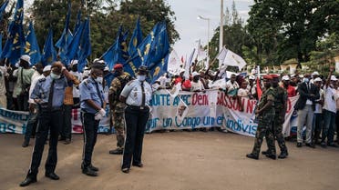 Supporters of Congo’s re-elected President Denis Sassou Nguesso gather to celebrate the election results outside the headquarters of the ruling Congolese Labor Party (PCT) in Brazzaville on March 23, 2021. (Alexis Huguet/AFP)