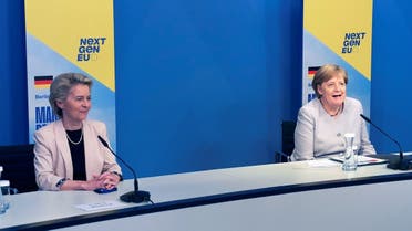 German Chancellor Angela Merkel and President of the European Commission Ursula von der Leyen attend the virtual walkthrough of a cross-linked public health office as part of a meeting in Berlin, Germany June 22, 2021. (Michael Sohn/Pool via Reuters)