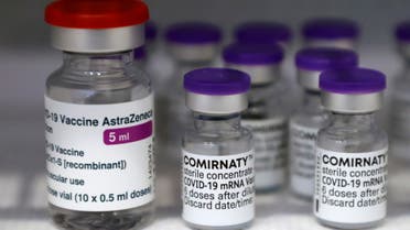 Vials of the AstraZeneca and Pfizer-BioNTech Comirnaty coronavirus disease (COVID-19) vaccines are pictured in a General practitioners practice in Berlin, Germany, April 10, 2021. (Reuters)
