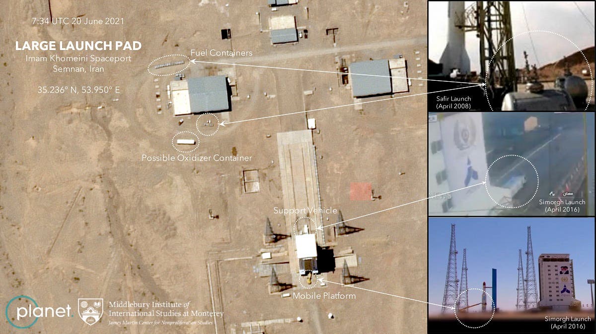 This handout satellite image obtained on June 23, 2021 courtesy of Planet Labs Inc. and Middlebury Institute of International Studies at Monterey (MIIS), shows on June 19 and 20, 2021 images at Imam Khomeini Spaceport, that Iran was again making preparations for a launch of the Simorgh, according to experts at the Middlebury Institute of International Affairs at Monterey. (AFP)