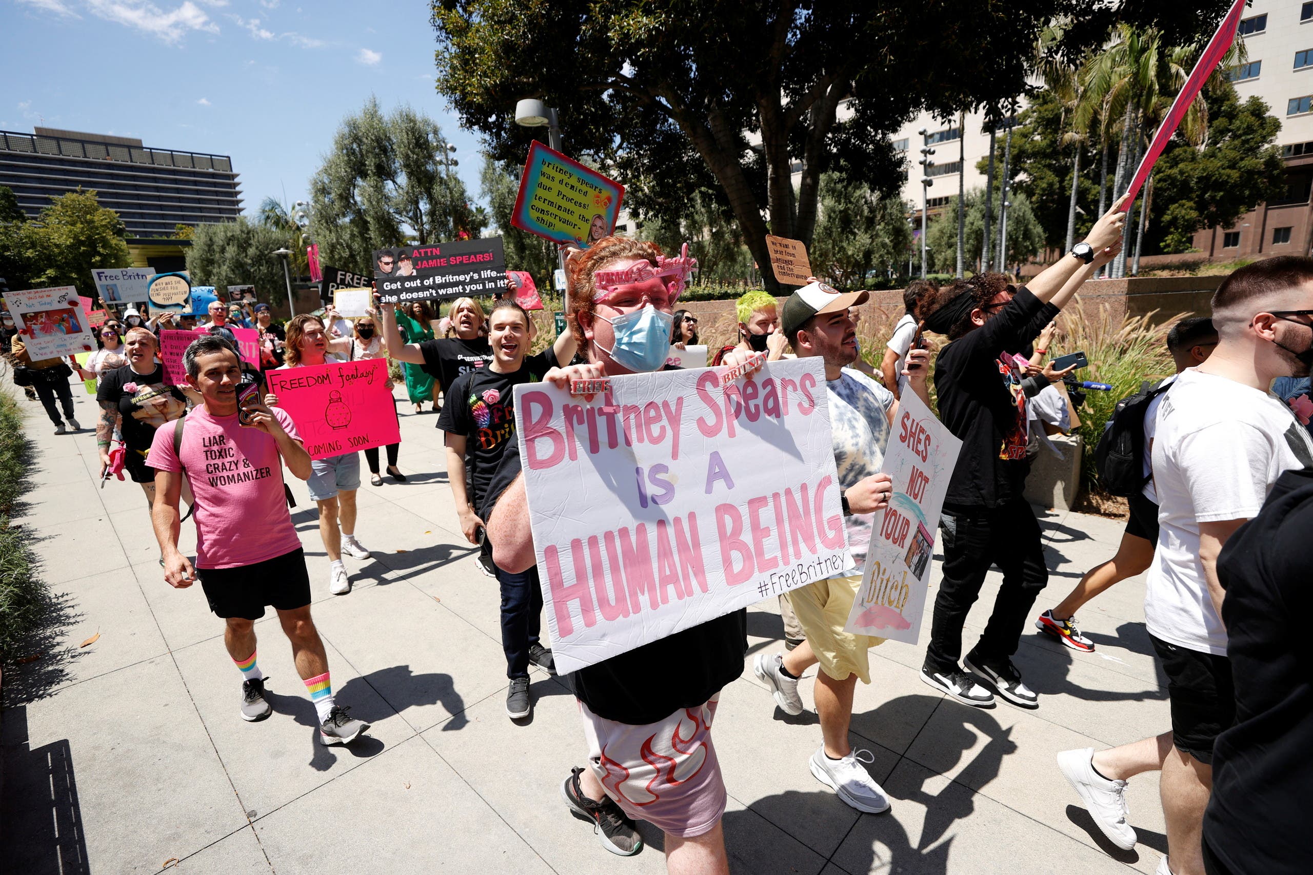 People protest in support of pop star Britney Spears on the day of a conservatorship case hearing at Stanley Mosk Courthouse in Los Angeles, California, US June 23, 2021. (Reuters)