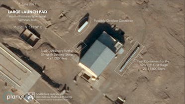 This handout satellite image obtained on June 23, 2021 courtesy of Planet Labs Inc. and Middlebury Institute of International Studies at Monterey (MIIS), shows on June 19 and 20, 2021 an image of a fuel container, at the launch pad at Imam Khomeini Spaceport, that Iran was again making preparations for a launch of the Simorgh, according to experts at the Middlebury Institute of International Affairs at Monterey. (AFP)