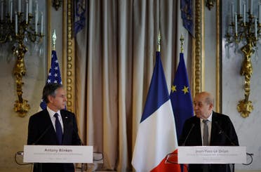 US Secretary of State Antony Blinken, meets with French Foreign Affairs Minister Jean-Yves Le Drian at the French Ministry of Foreign Affairs in Paris, France, on June 25, 2021. (Reuters)