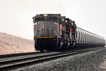 A picture taken on April 1, 2021 shows a train of the Etihad Rail network, in al-Mirfa, in the United Arab Emirates. (AFP)