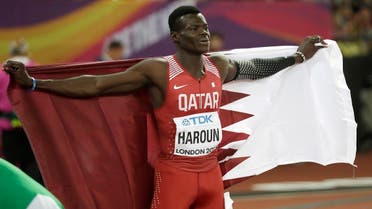 Qatar's Abdalelah Haroun celebrates after winning the bronze medal in the men's 400 meters final during the World Athletics Championships in London, Aug. 8, 2017. (AP/Matt Dunham)