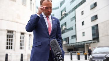Britain's Health Secretary Matt Hancock speaks to media outside the BBC Headquarters in London, Britain, June 6, 2021. (Reuters)