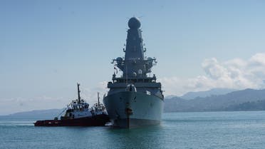 The British Royal Navy destroyer HMS Defender arrives in the Black Sea port of Batumi, Georgia, June 26, 2021. (Reuters)