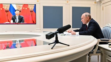 Russian President Vladimir Putin takes part in a video conference call with Chinese President Xi Jinping at the Kremlin in Moscow, Russia June 28, 2021. (Reuters)