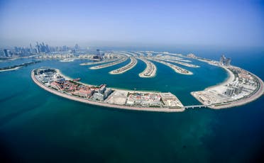 This picture taken on July 8, 2020 shows an aerial view of the man-made Palm Jumeirah archipelago off the Gulf emirate of Dubai, during a government-organized helicopter tour. (AFP)