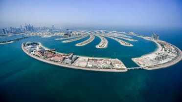 This picture taken on July 8, 2020 shows an aerial view of the man-made Palm Jumeirah archipelago off the Gulf emirate of Dubai, during a government-organized helicopter tour. (AFP)