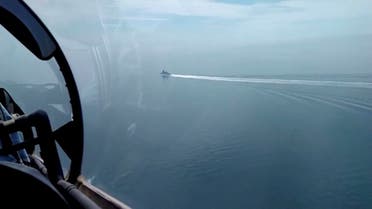 A file photo of a still image taken from a video released by Russia’s Defense Ministry allegedly shows British Royal Navy’s Type 45 destroyer HMS Defender filmed from a Russian military aircraft in the Black Sea, June 23, 2021. (Handout via Reuters)