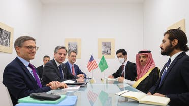 US Secretary of State (center left) and Saudi Arabia's Foreign Minister Prince Faisal bin Farhan Al Saud (center right), hold a meeting at the G20 gathering in Matera, Italy on June 29, 2021. (Twitter)