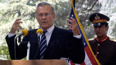 Then-US Defense Secretary Donald Rumsfeld addresses a press conference at the Presidential Palace in Kabul, July 11, 2006. (AFP)