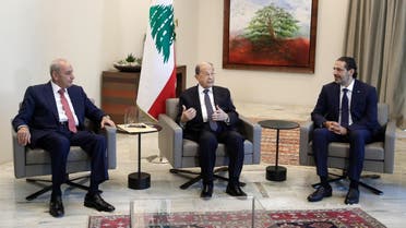 Parliament Speaker Nabih Berri (L) President Michel Aoun (C) and PM-designate Saad Hariri meet at the presidential palace, after Aoun named Hariri to form a new cabinet, on October 22, 2020. (AFP)