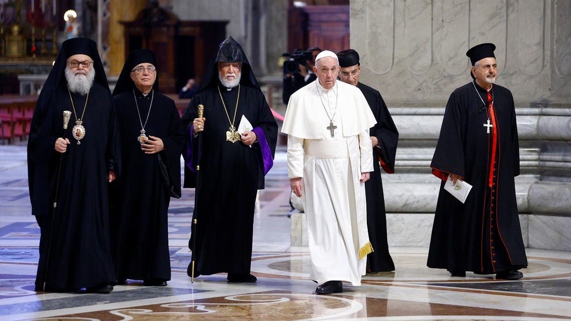 Pope Francis walks with Lebanon's Christian leaders to lead a prayer on a day of reflection and prayer for Lebanon, at the Vatican, July 1, 2021. (Reuters)
