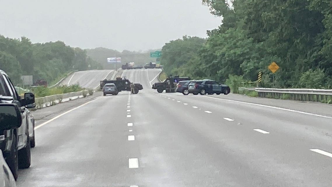 Massachusetts State Police vehicles block Route 95 after an armed standoff between 8 to 10 militia members and police forced the closure of the US interstate highway, in Wakefield, Massachusetts, US July 3, 2021. (Massachusetts State Police/Handout via Reuters)